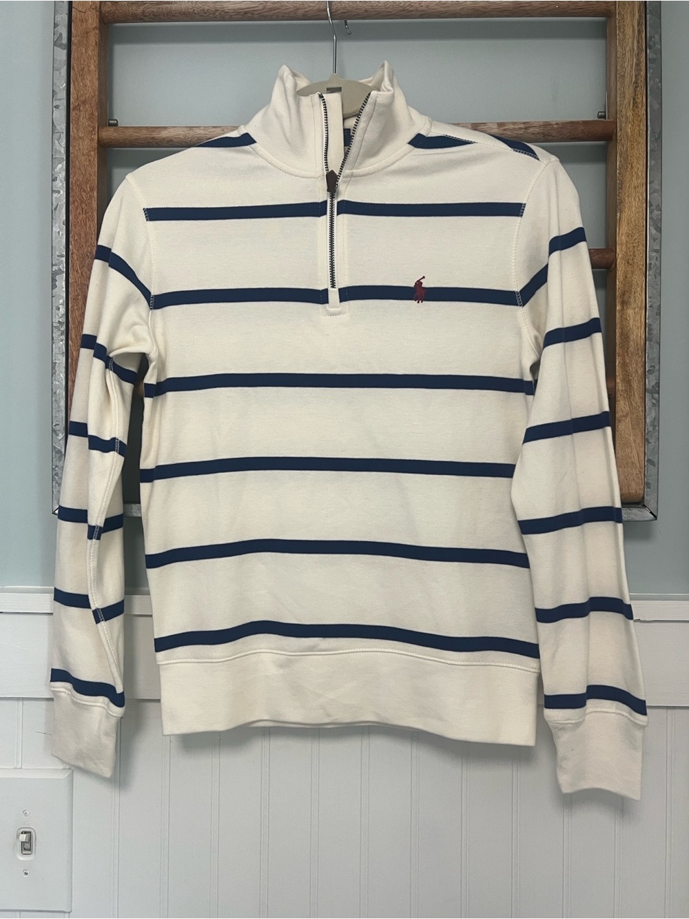NWT boys Polo by Ralph Lauren 1/4 zip pullover cream with blue stripe Medium